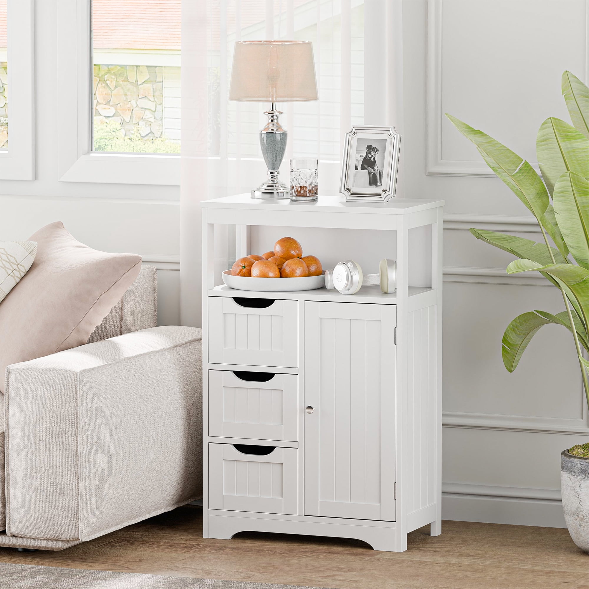 SuperDeal Bathroom Floor Cabinet Freestanding MDF Storage Organizer W/1 Door & 3 Drawers White