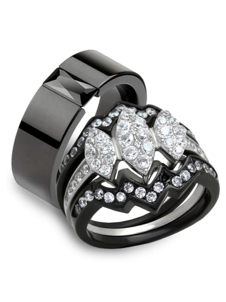 Marimor Jewelry Women's Rose & Black Plated Stainless Steel Wedding Engagement Ring Band Set