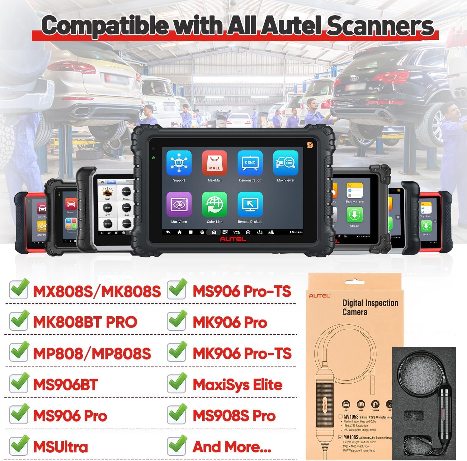 Autel MaxiVideo MV108S Digital Inspection Endoscope Camera For Maxisys MS908P