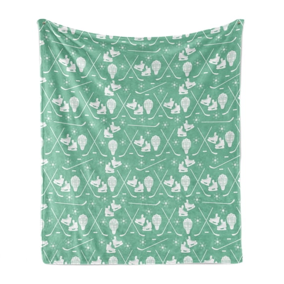 Ice Skates Soft Flannel Fleece Throw Blanket, Pattern of Goalkeeper Hockey Stick Snowflakes Sports Equipment, Cozy Plush for Indoor and Outdoor Use, 50" x 60", Peacock Green and White, by Ambesonne