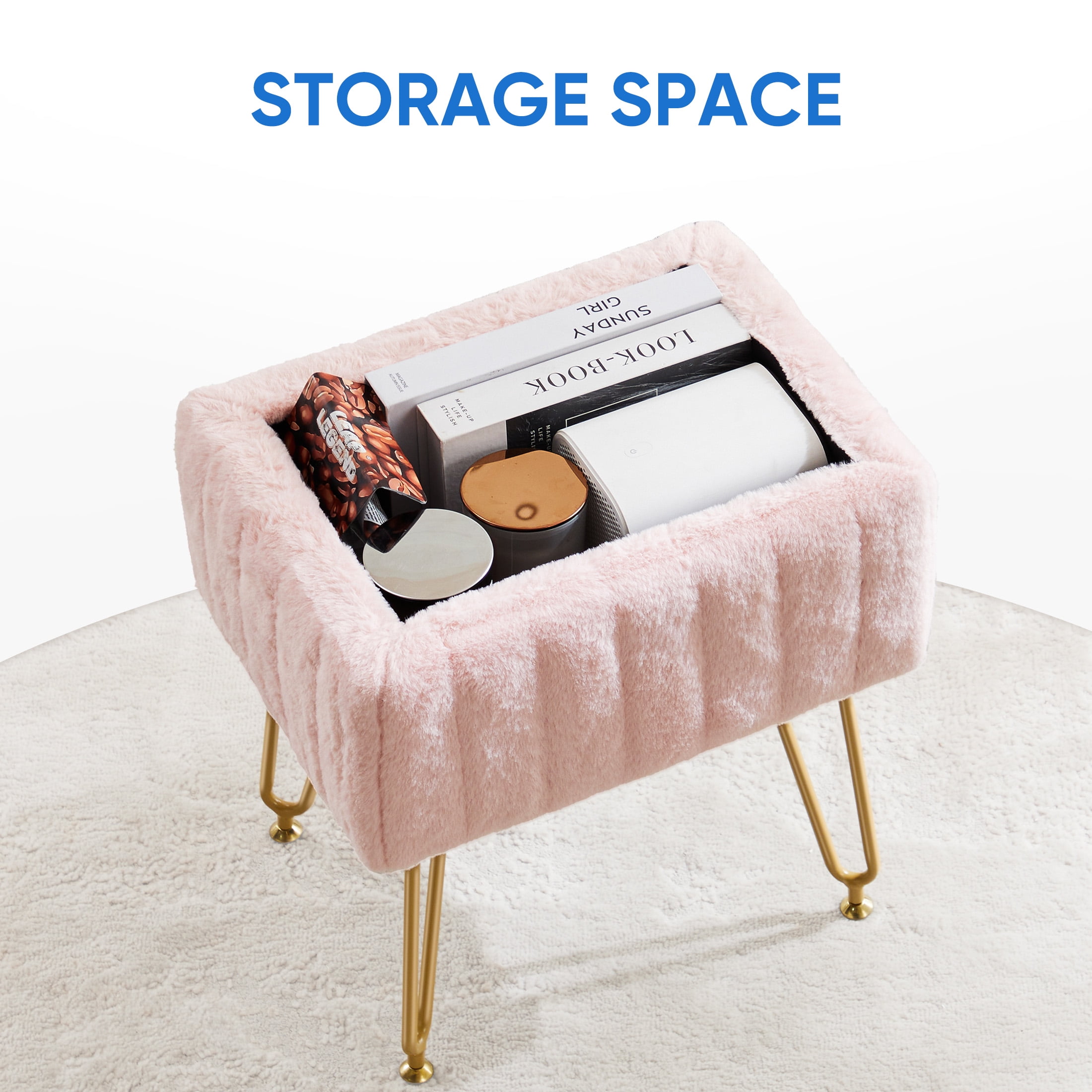 JOINSUN Ottoman Vanity Stool Chair, with Storage, Modern Style Faux Fur Seat with 4 Metal Legs & Non-slip Feet for Living Room, Bedroom, Pink