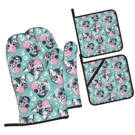 

Daiia Bubble Cat Cute Pattern Oven Mitts and Pot Holders 4 pcs Set High Heat Resistant 500 Degree Extra Thicken Long Kitchen Cotton Oven Glove