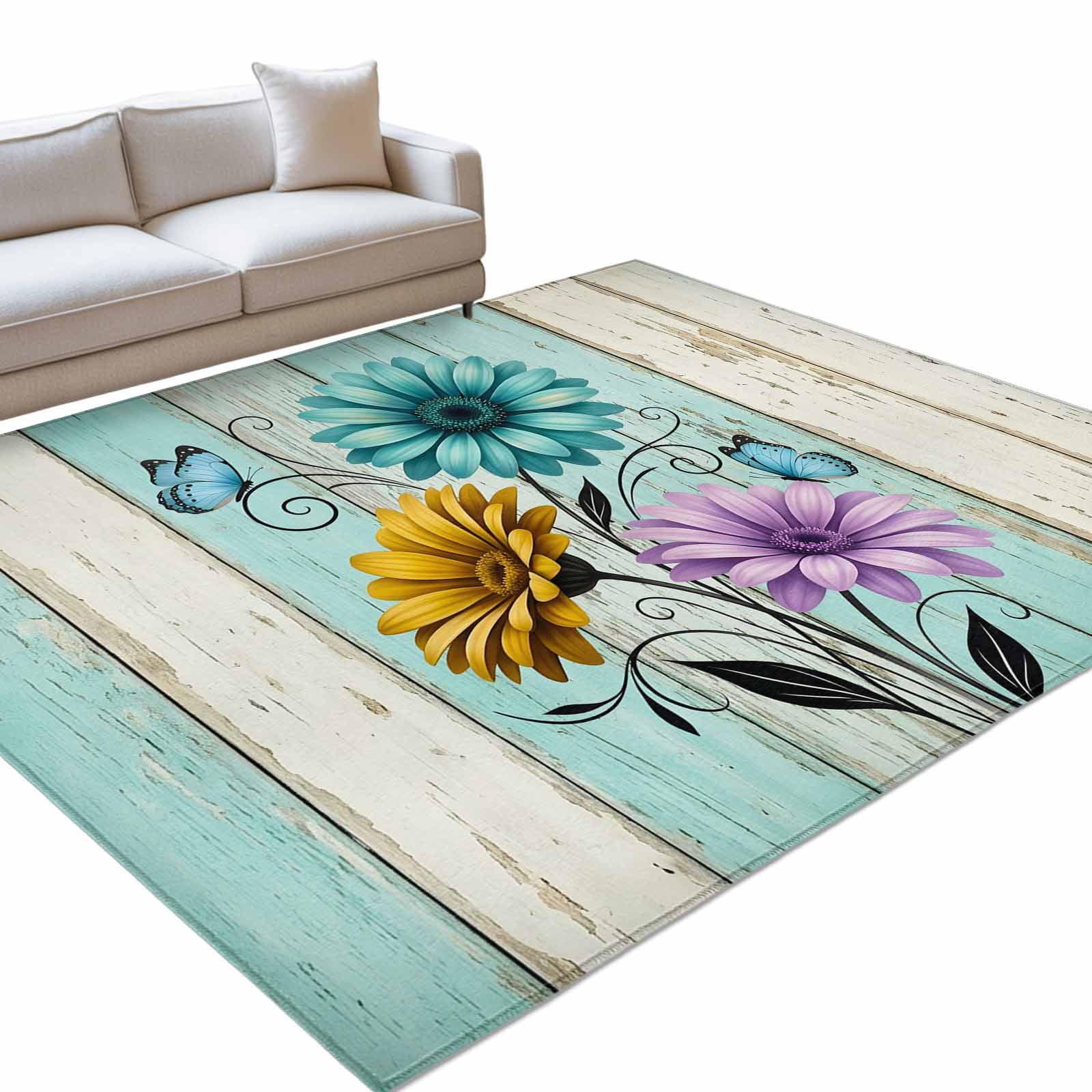 Area Rug 3x5ft Spring Watercolor Blossom Flower Washable Rugs for Living Room Bedroom Daisy Butterfly on Wood Soft Non-slip Area Rugs Rectangle Floor Carpet for Dining Room