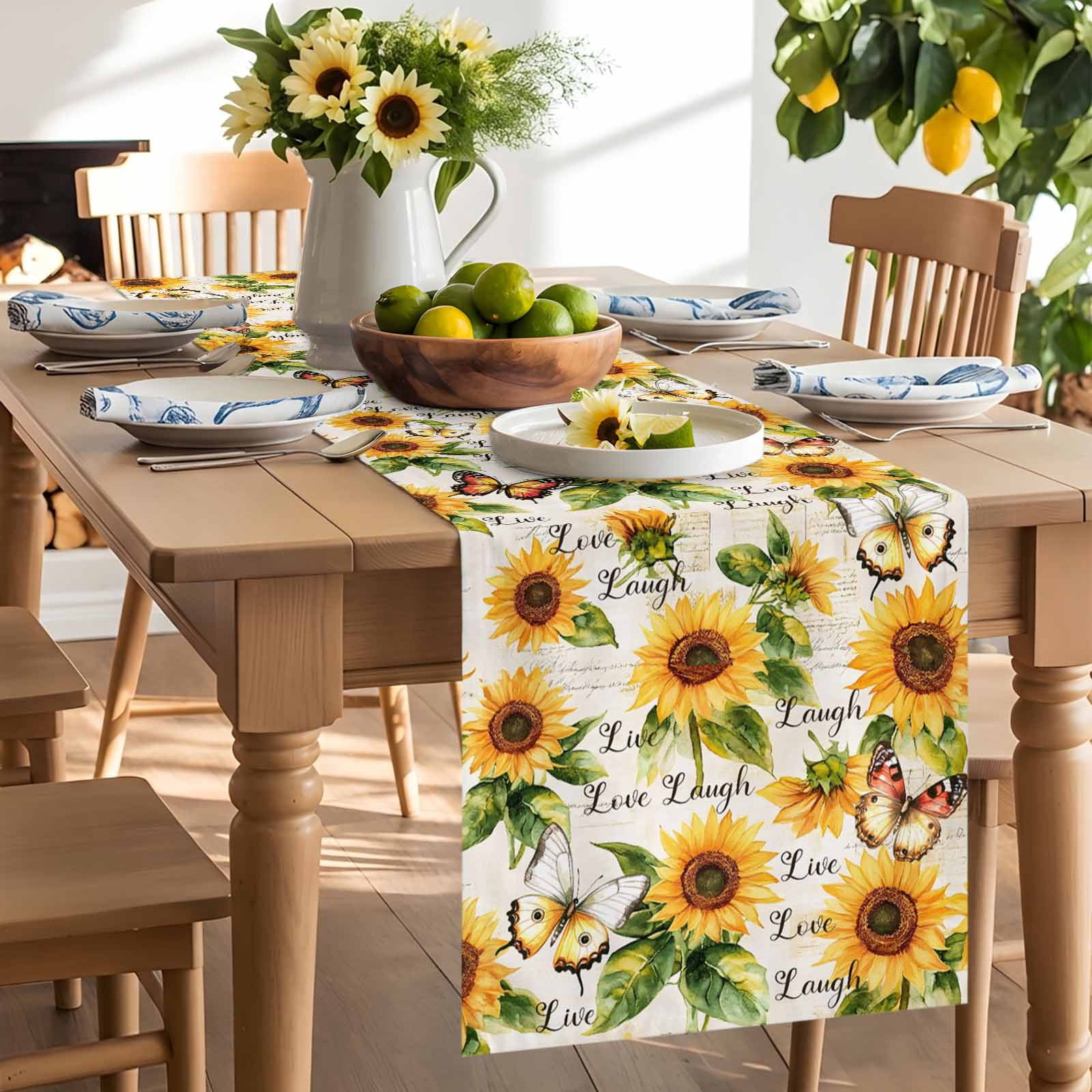 Watercolor Sunflower Butterfly Green Plants Table Runner 90 Inches Long, Blossom Floral Seamless Table Runners Tabletop Scarf Kitchen Dining Tables Decoration for Home Party Indoor Outdoor