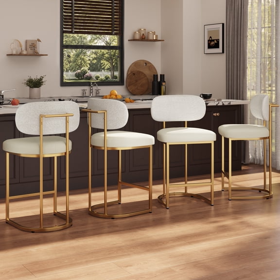 Betisef Counter Height Bar Stools Set of 4, Bar Stools with Rounded Back and Gold Metal Frame, Modern Kitchen Island Stools with Footrest for Dining Room, Breakfast Bar, Beige