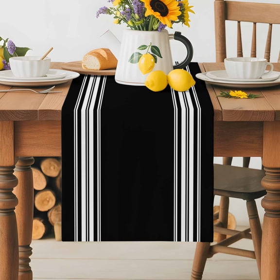 Burlap Table Runner 36 Inches Long,Black White Stripes Non-Slip Kitchen Table Runners for Dining Room Everyday Use Party Table Decorations Abstract Geometric