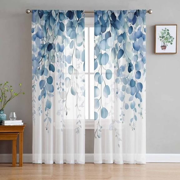 Blue Eucalyptus Leaves Semi Sheer Curtains 96 Inch Length 2 Panels Set, Summer Botanical Weeping Sheer Kitchen Curtain Privacy Voile Window Curtain for Living Room Bedroom Rod Pocket Drapes