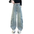thumbnail image 3 of EnJoCho Girls Straight Leg Jeans Elastic High Waist Baggy Plain Cargo Denim Pants Side Large Pockets Teens Kids 𝖸𝟤𝖪 Streetwear Cargo Pants Trousers Jeans, 3 of 4