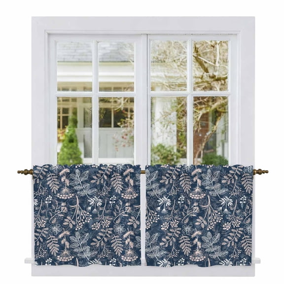 Dandelion Tier Curtains, Navy Blue Flowers Modern Minimalist Spring Light Filtering Kitchen Curtains, 2Pcs Rod Pocket Half Window Treatments Panels for Sink Cafe Cabinet Camper 27.5x36 Inches