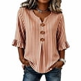 thumbnail image 2 of Hfnxid Women 3/4 Sleeve Shirts Loose Fit Ruffle Shirt Striped Button V Neck Blouses Solid Color Fall Clothes Khaki M, 2 of 6