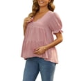 thumbnail image 4 of INSPIRE CHIC Women's Maternity Blouses Boho Ruffled V Neck Button Short Sleeve Tiered Shirts Flowy Loose Casual Tops 2XL Pink, 4 of 6