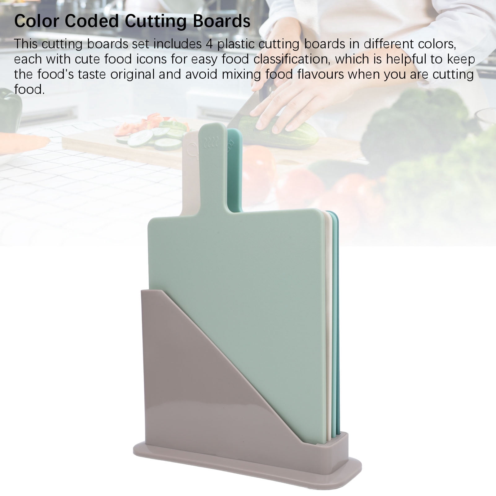 YAHHU 4PCS Plastic Cutting Boards Set Color Coded Chopping Boards with Storage Stand Reversible Paddle Shape for Home Kitchen Restaurant, 9.3x7.9 inches / 23.5x20 cm