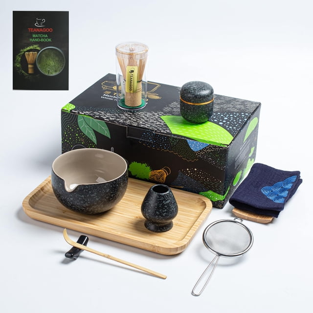 Juego completo de batidores para matcha TEANAGOO, 10 unidades, negro con bandeja