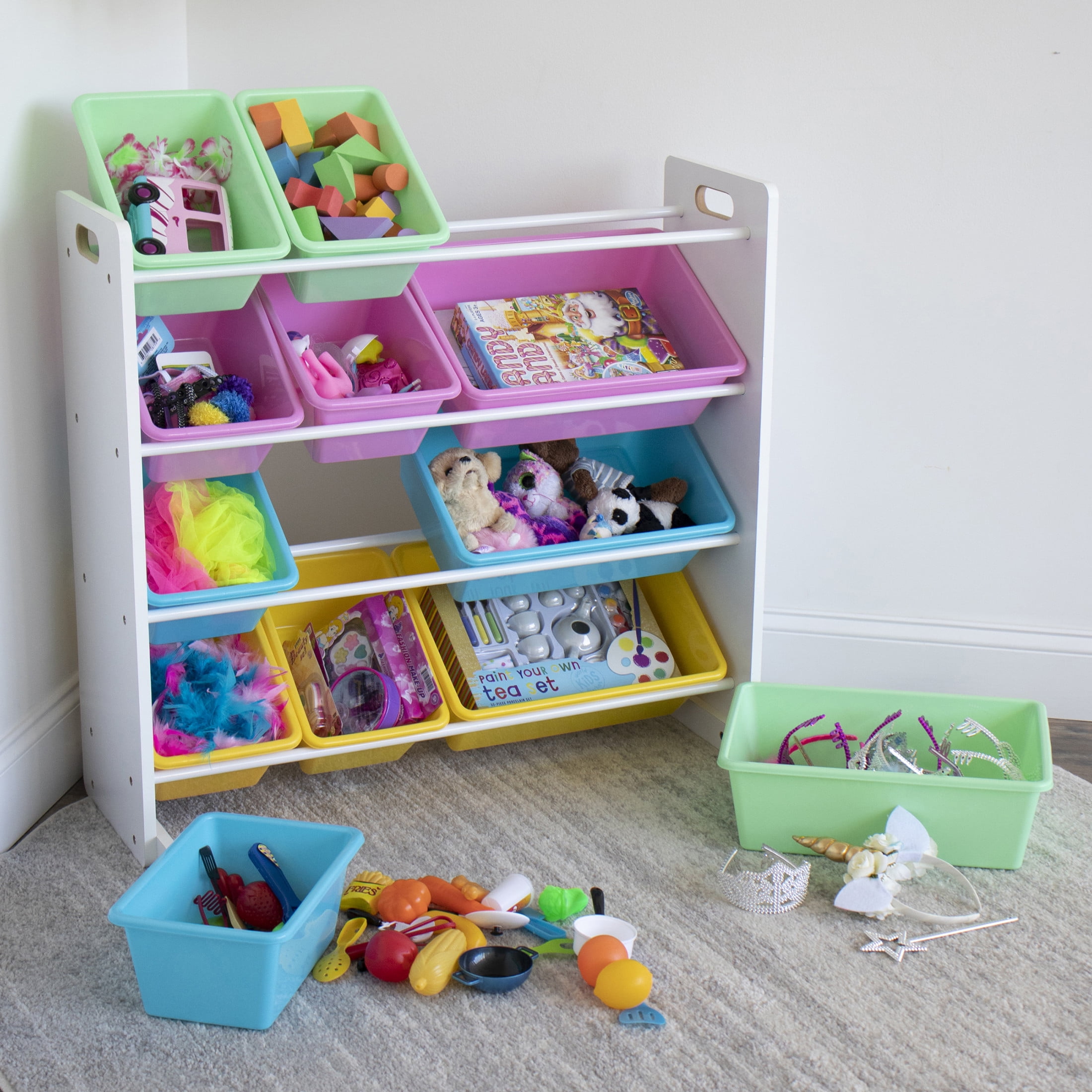 Humble Crew Kids Toy Storage Organizer with 12 Plastic Storage Bins, White/Pink/Blue/Green/