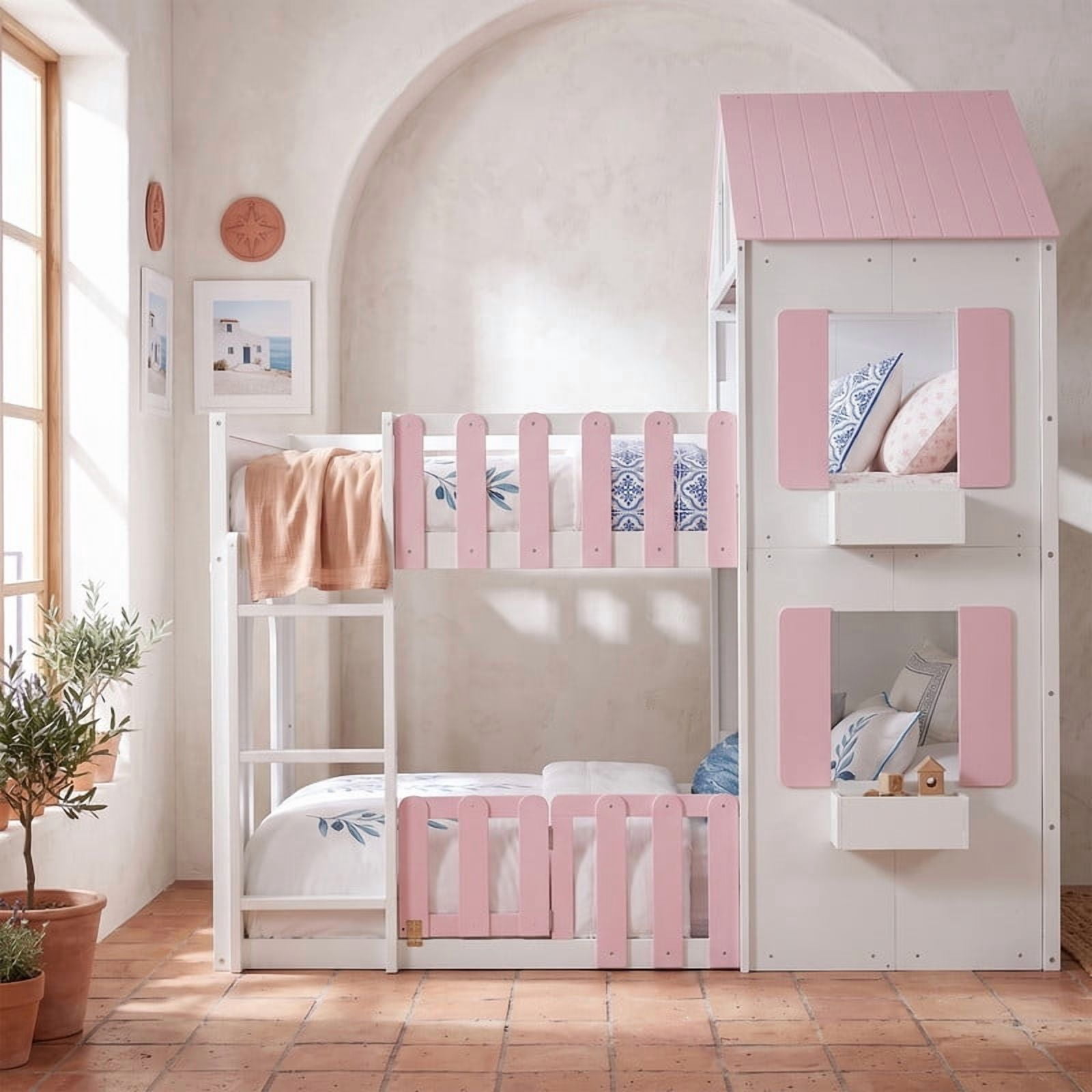 Full over Full House-Shaped Bunk Bed with Roof and Window, Kids/Teens Playful Designed Bed Frame with Fence and LED Light