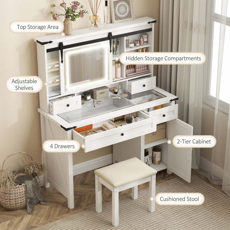 HOQBN Vanity Desk Set with Mirror and Lights, Cushioned Stool, Storage Drawer, Cabinet, and Shelves for Bedroom, White