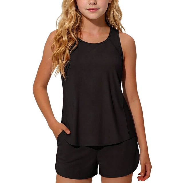 Swimsuit for Girls, 2-Piece Tankini Set With Solid Color Split Design for Beach Summer