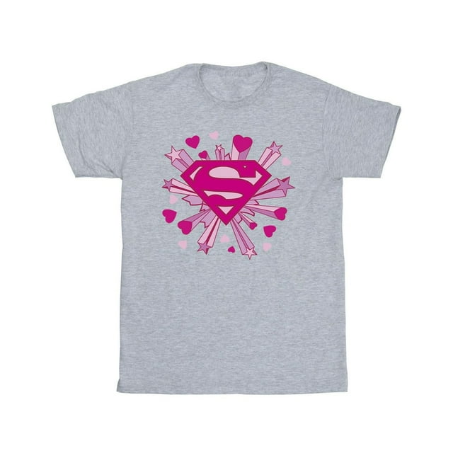 DC Comics T-Shirt en Coton pour Filles Superman Logo Cœurs et Étoiles Roses