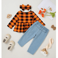 thumbnail image 2 of WESIDOM Toddler Outfits Girl Clothes Long Sleeve Flower Plaid Ruffle Top Jeans Pant Headband Set 3pcs, 2 of 9