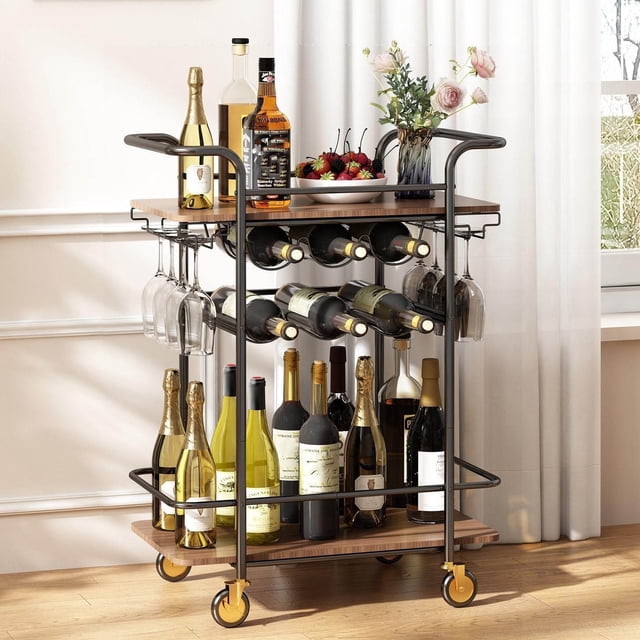 Carrito de Servicio de Bar para el Hogar, Carrito de Vino de 3 Niveles, Carrito de Almacenamiento con Ruedas, Carrito de Metal con Ruedas para Comedor, Cocina