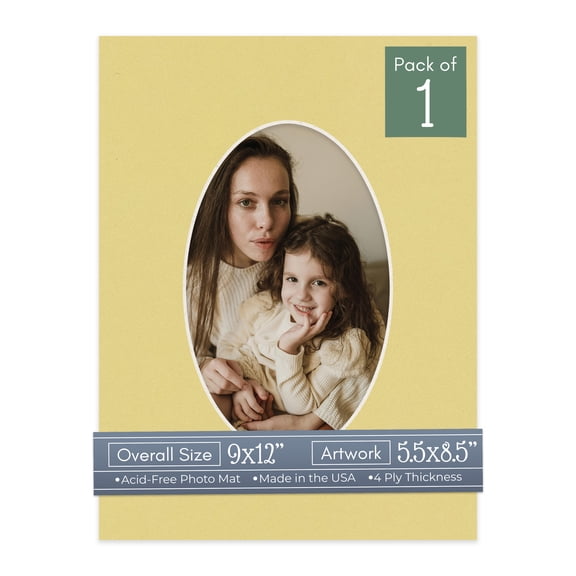 Soft Yellow Picture Frame Mat for 9x12 Frames - Oval Opening for 5.5x8.5 Photos - 1 Mat