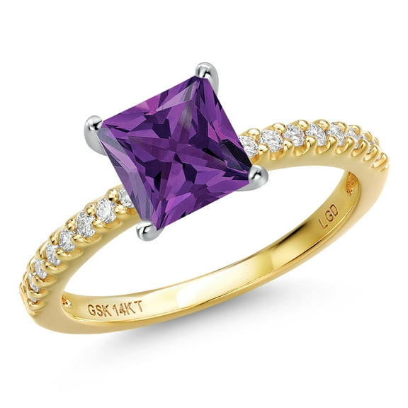 Gem Stone King 14K Two Tone Gold Purple Amethyst and Lab Grown Diamond Engagement Ring for Women | 1.14 Cttw | Princess 6MM | Gemstone February Birthstone | Size 8