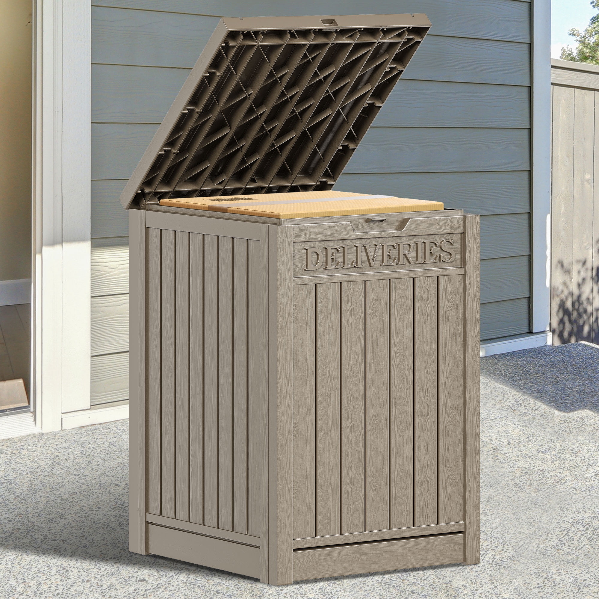 Uforic 51-Gallon Large Outdoor Resin Package Delivery Storage Box, Waterproof Deck Box for Porch or Curbside, Lockable, Light Brown