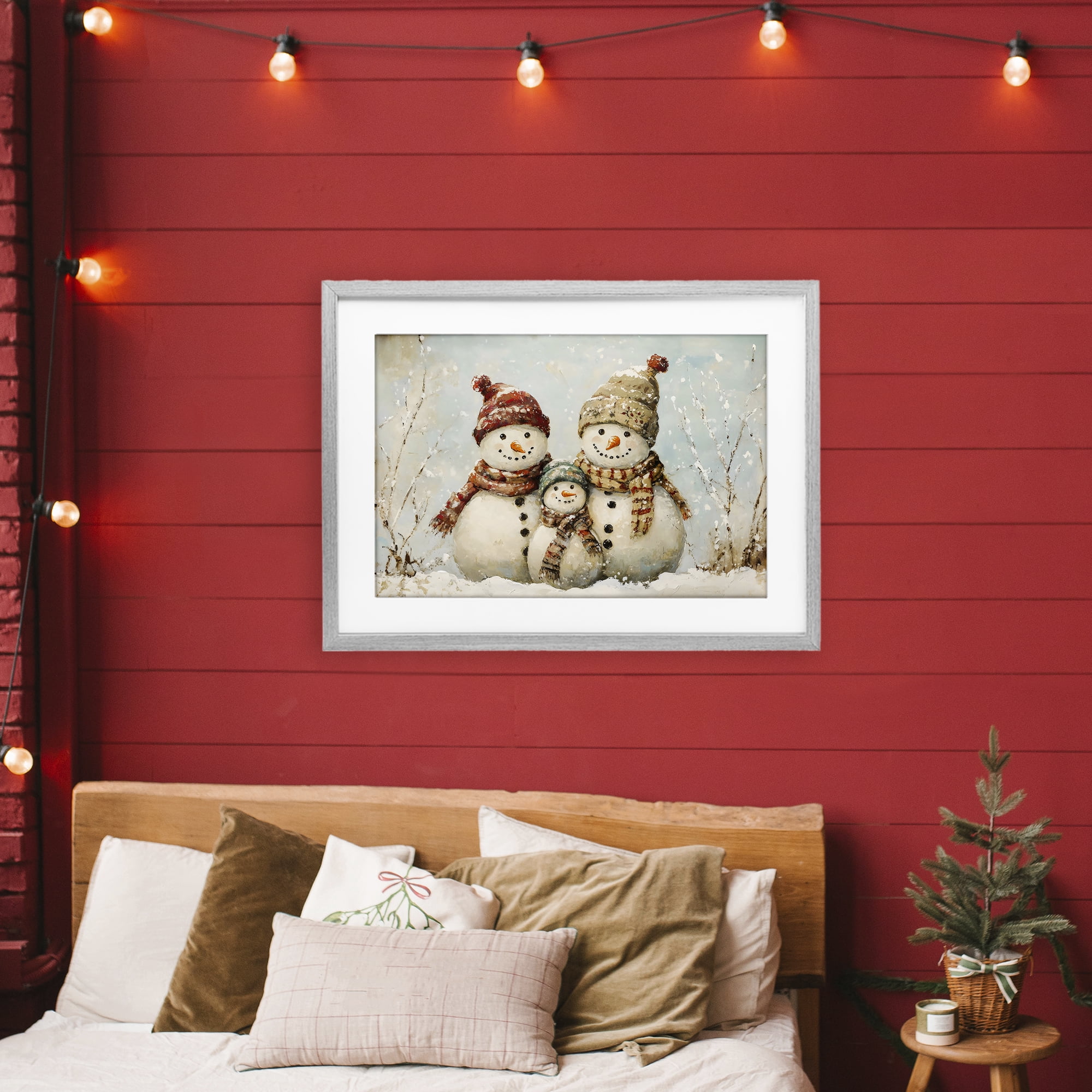 Snowman Family Of Three Gray Framed Print Under Glass, design by Petal Prints Design