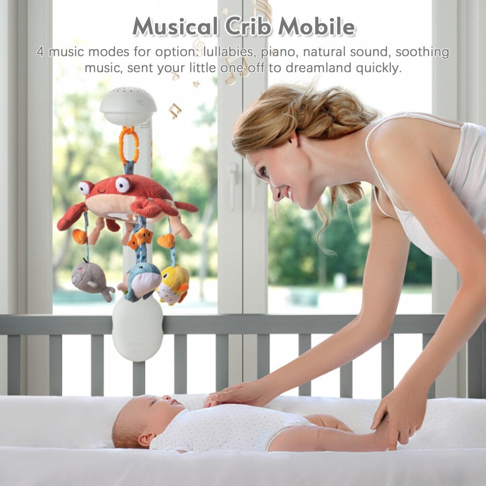 mobile for Multifunctional Crab Musical Mobile Toy Starry Projector Light with 360° Rotatable Cute Cartoon Hanging Rattles Pendants for Newborn Infants