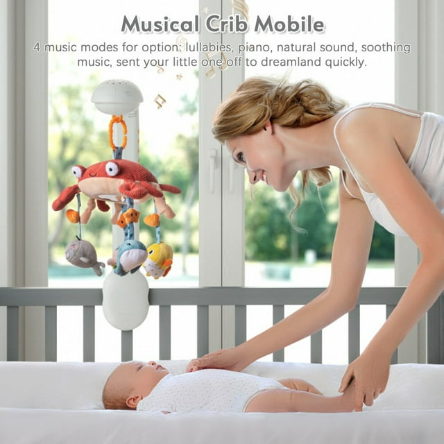 Móvil musical multifuncional para cuna de bebé con forma de cangrejo, proyector de estrellas y luz con sonajeros colgantes de dibujos animados giratorios de 360° para recién nacidos.