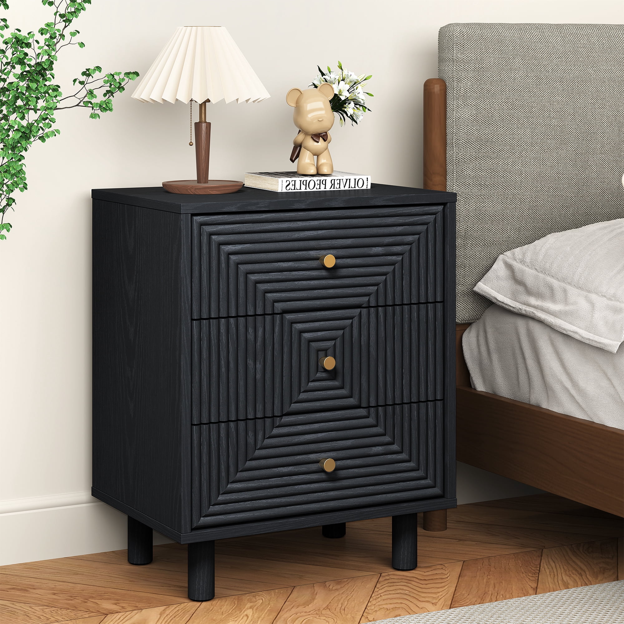 May in Color 3-Drawer Nightstand Set of 2 with Solid Wood Legs and Gold Handles, Wooden Storage Nightstand Side Table, Accent Chest of Drawers for Bedroom, Living Room, Entryway, Black