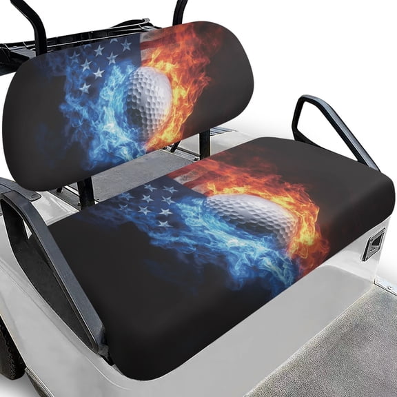 HUIACONG Fire Ice Golf USA Flag Golf Cart Seat Covers 2 Piece, Universal Fit Premium Stretch-Fit Golf Cart Seat Covers Universal Golf Cart Seat Towel Blanket for EZGO