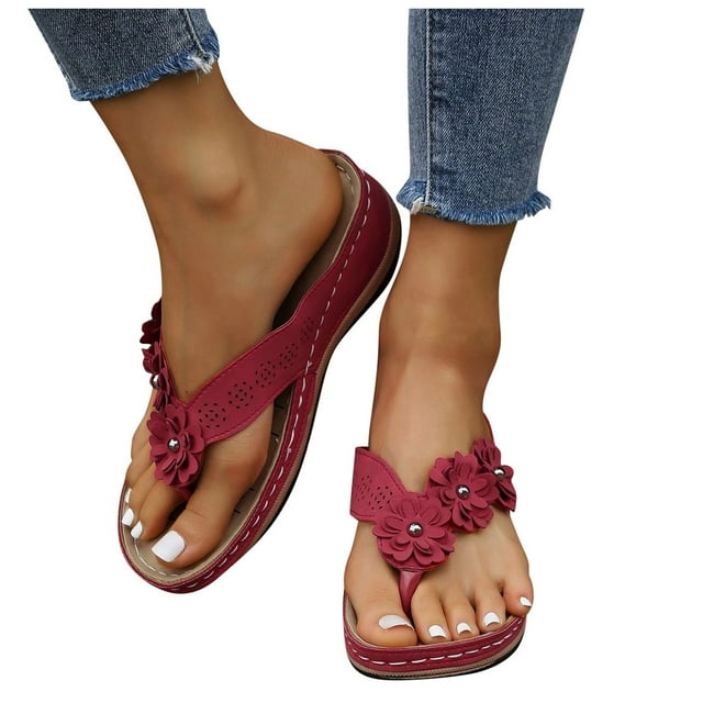 Sandales Compensées pour Femmes à Enfiler Ajourées Sandales de Plage Habillées Confortables Plateforme Antidérapantes Sandales de Plage Florales Rouges Taille 7