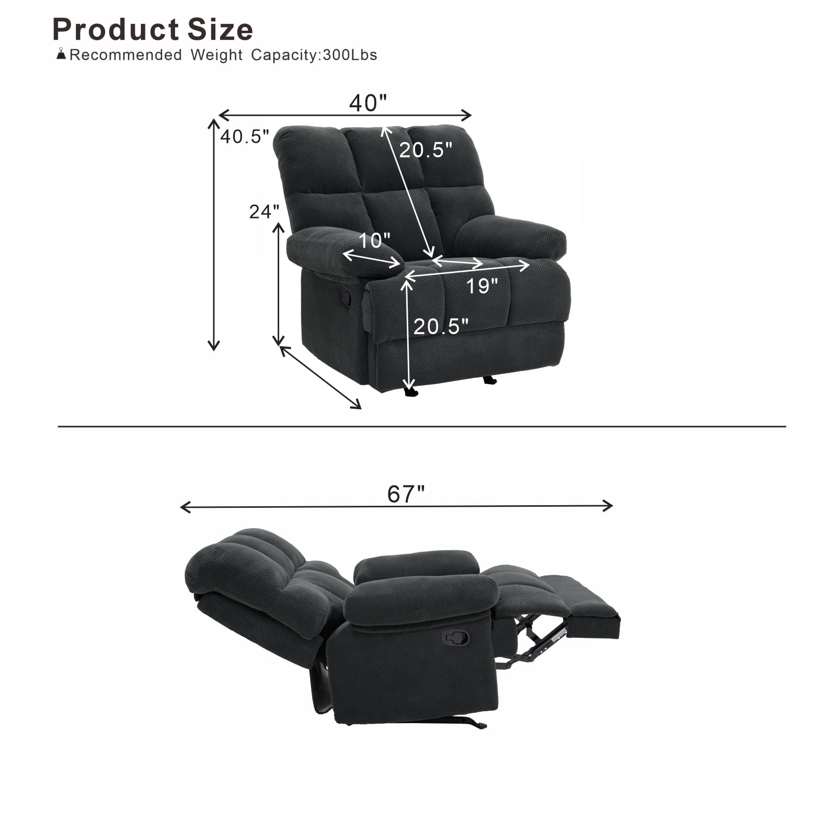 MOONMISS Modern Manual Rocker Recliner Chair, with nubby upholstery Fabric for Living Room,Gray