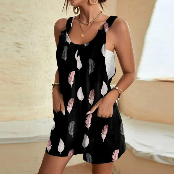 Summer Romper for Women Casual Feather Print Tank Top Short Jumpsuit with Pocket Loose Tie Shoulder Wide Leg Overalls, Black, S