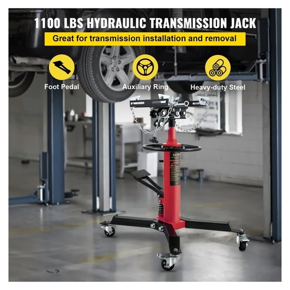 1100 LBS Transmission Jack - Telescoping Hydraulic Jack, 2-Stage, Foot Pedal, 360° Swivel, Adjustable Saddle, Garage Shop Lift Hoist - Red