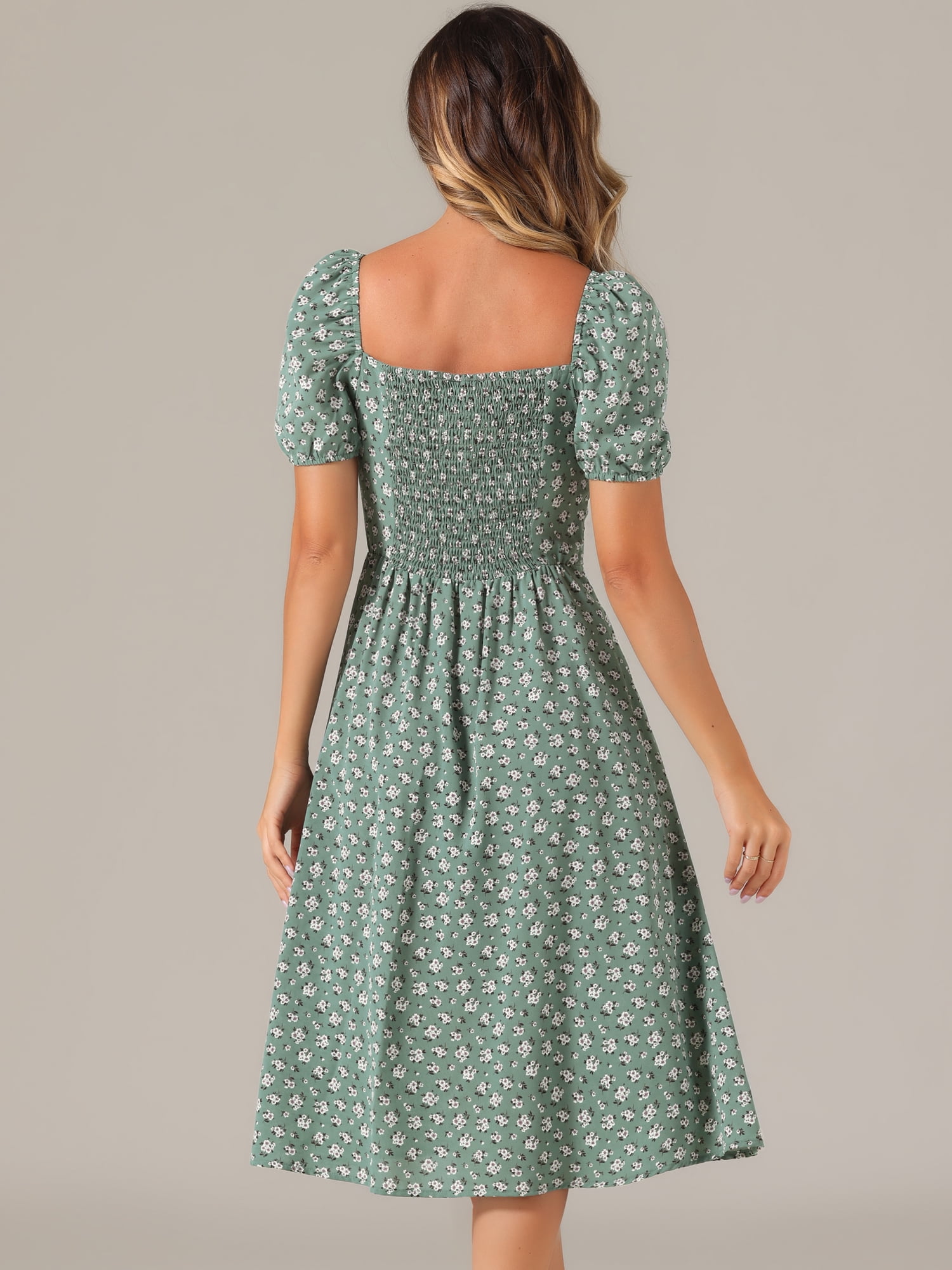 DARING DIVA Floral Puff Sleeve Smocked Square Neck Midi Dress XS Gray Green