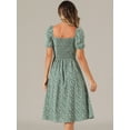 thumbnail image 3 of DARING DIVA Floral Puff Sleeve Smocked Square Neck Midi Dress L Gray Green, 3 of 6