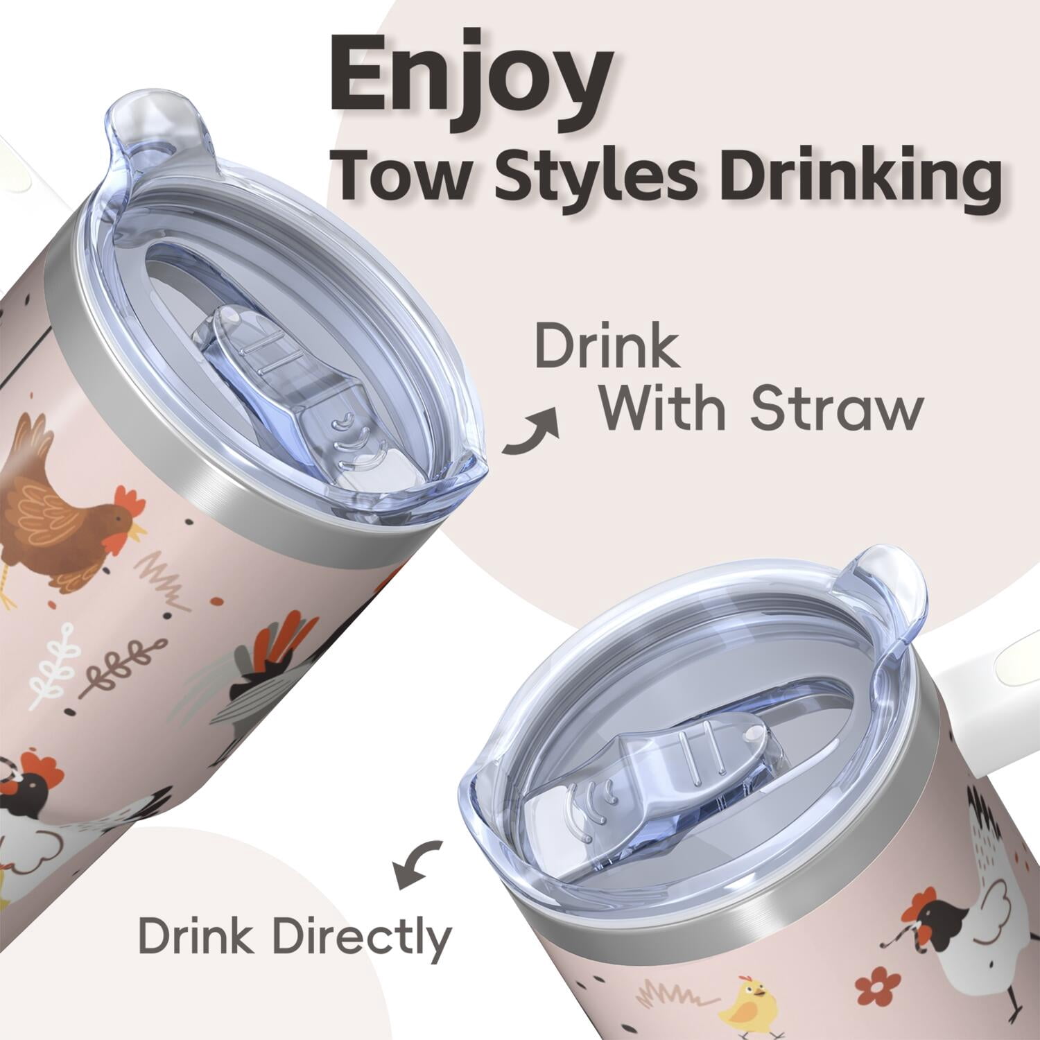 20oz Chicken Art Tumbler with Handle Insulated Travel Mug Special Birthday Christmas Gift for Chicken Enthusiasts Women Men Fits Car Cup Holders Wide Mouth for Ice Comfortable Grip Trips Commutes