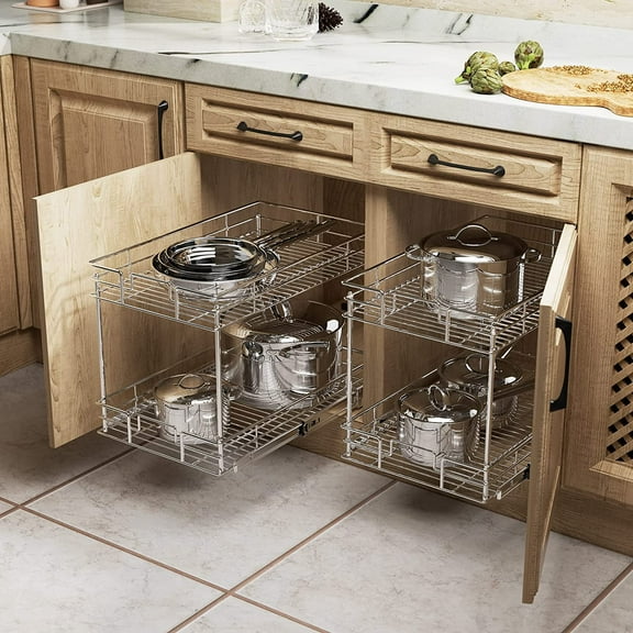 New Version Pull Out Cabinet Organizer for Base Cabinet (14" W X 21" D), Kitchen Cabinet Organizer and Storage 2-Tier Cabinet Pull Out Shelves Under Cabinet Storage for Kitchen Silver,Chrome