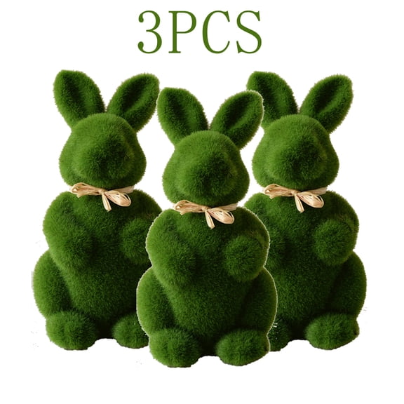 Green Fuzzy Flocked Bunny Easter Holiday Spring Decor Rabbit Figurines Garden Artificial Animal Moss for Indoor Table Home, Kitchen, Shelf Decorations Furry Covered Rabbit
