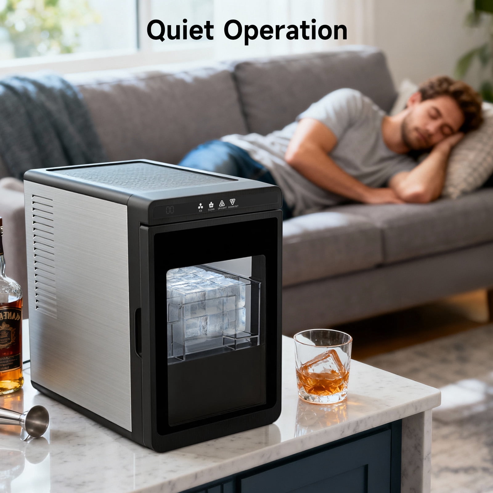 Ecojoy 1.7" Large Cube Ice Maker Countertop with 150 Pcs/Day, Nugget Ice Machine with Scoop & Basket, Self-Cleaning, Portable Ice Maker for Whiskey, Cocktails, and Iced Beverages