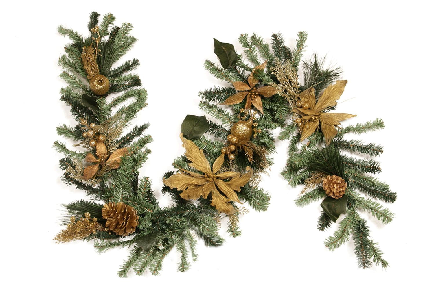 6' x 12" Pre-Decorated Pine, Gold Poinsettia, Berry and ...