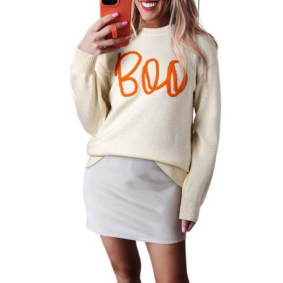 Women's Apricot Boo Knitted Pattern Long Sleeve Drop Shoulder Sweater - [ZhiHiMeRi] | (US 20-22)2XL