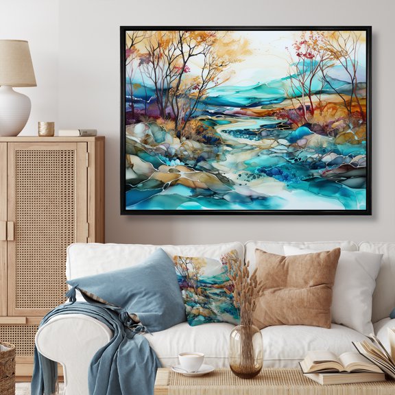 Designart "Turquoise And Brown Liquid Serenity" Abstract Landscape Floater Framed Wall Art Prints