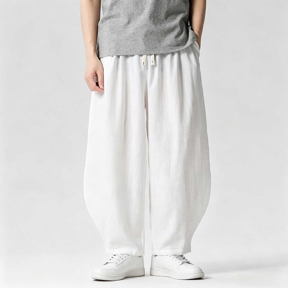 Xdegoge Men'S Linen Pants Baggy Wide Leg Casual Loose Fit Yoga Lounge Harem Trousers with Elastic Waist Drawstring Summer Beach Vacation Bottoms