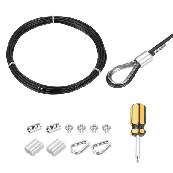 20Ft(6M) Wire Rope 304 Stainless Steel Cable 1/12"(2mm) Vinyl Coated with 1pcs Cable Clamp, Aluminum Sleeves and Thimble for Hanging, Clotheslines, Lifting Black