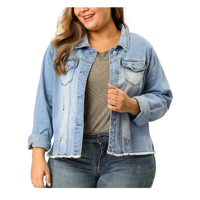 GRACE & GRANDEUR Juniors Plus Size Outfits Classic Washed Front Frayed Denim Jacket
