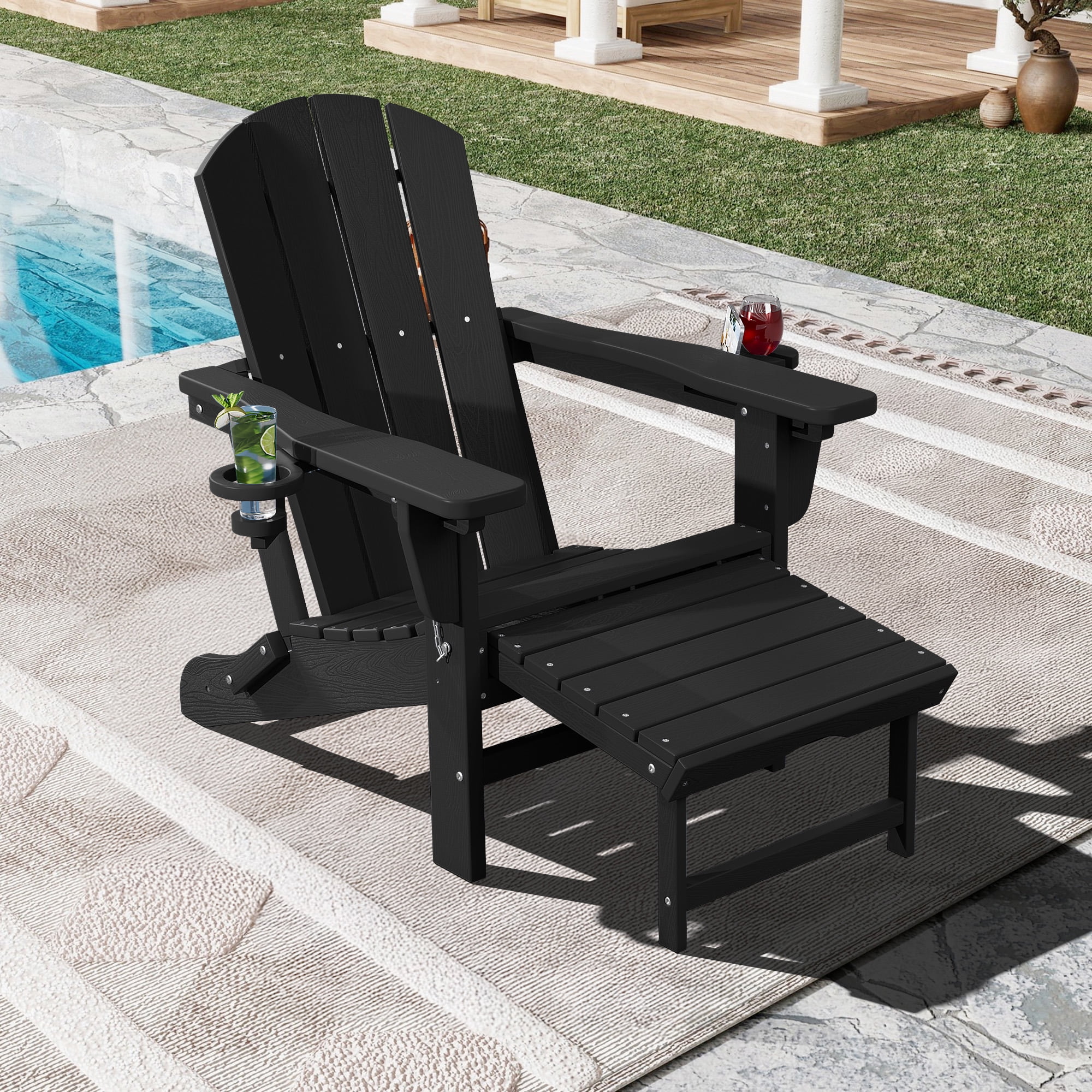 KINGYES, Folding Adjustable Adirondack Chair with Ottoman, Black