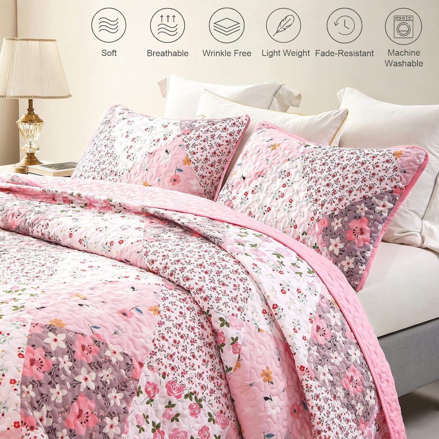 Whale Flotilla Reversible Patchwork Quilt Set Queen Size, Lightweight Boho Printed Bedspreads Coverlets Quilts Bedding Set with 2 Pillow Shams for All Seasons, Pink